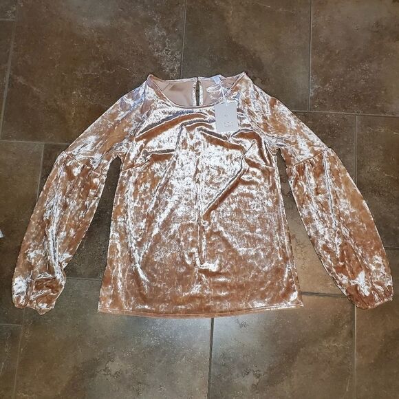 Lauren Conrad Women's Pink Velvet bell sleeve top - Picture 4 of 5